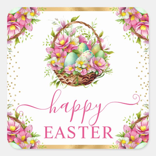 Watercolor Spring Flowers Basket Happy Easter Square Sticker (Front)