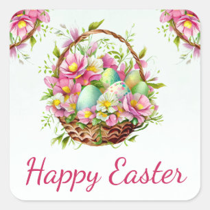 Watercolor Spring Flowers Basket Happy Easter Square Sticker