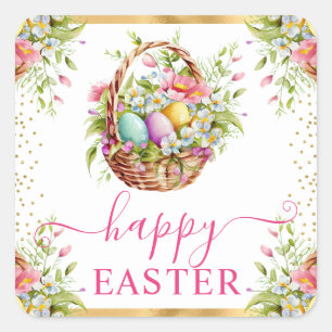Watercolor Spring Flowers Basket Happy Easter Square Sticker