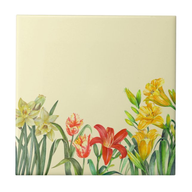 Watercolor Spring Flowers Botanical Illustration Tile (Front)