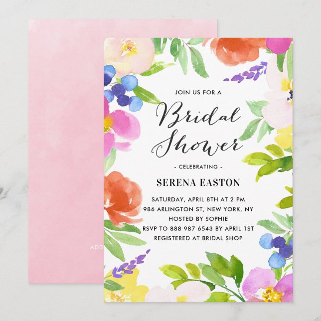 Watercolor Spring Flowers Bridal Shower Invitation (Front/Back)