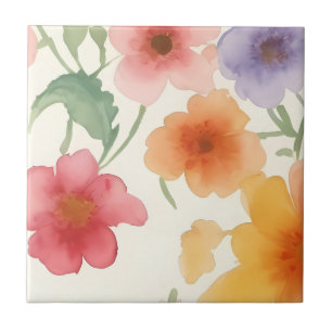 Watercolor Spring Flowers Colourful Floral on Whit Tile