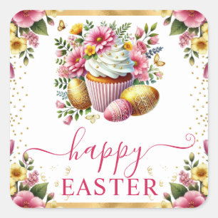 Watercolor Spring Flowers Cupcake Easter Square Sticker
