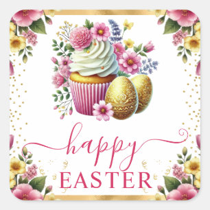 Watercolor Spring Flowers Cupcake Easter Square Sticker