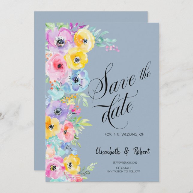 Watercolor Spring Flowers Dusty Blue Save The Date (Front/Back)