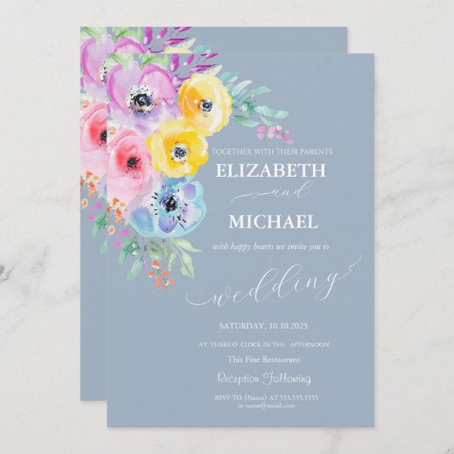 Watercolor Spring Flowers Dusty Blue Wedding Invitation (Front/Back)