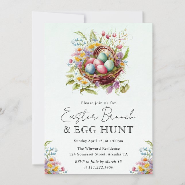 Watercolor Spring Flowers Easter Basket Brunch Invitation (Front)