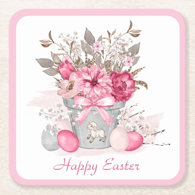 Watercolor Spring flowers Easter eggs Personalised Square Paper Coaster (Front)