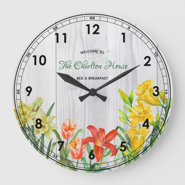 Watercolor Spring Flowers Floral Art Large Clock (Front)