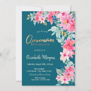 Watercolor Spring Flowers Green Quinceañera Invitation