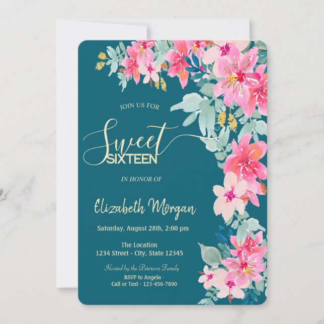 Watercolor Spring Flowers Green Sweet 16 Invitation (Front)
