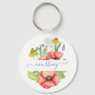 Watercolor spring flowers personalised  key ring