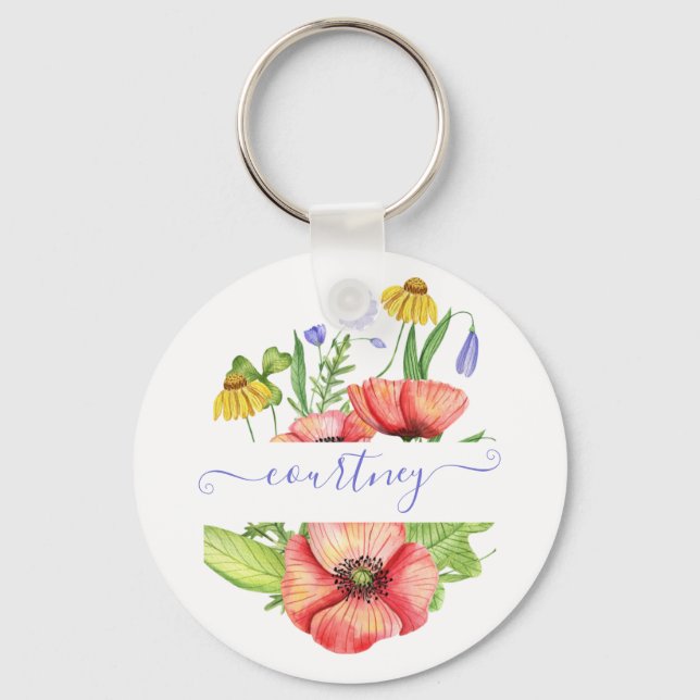 Watercolor spring flowers personalised  key ring (Front)