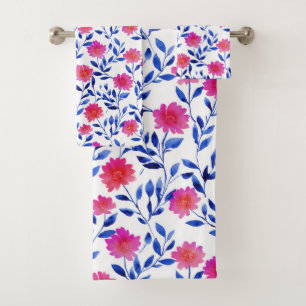 Watercolor Spring Flowers Pink& Blue Floral Bath Towel Set