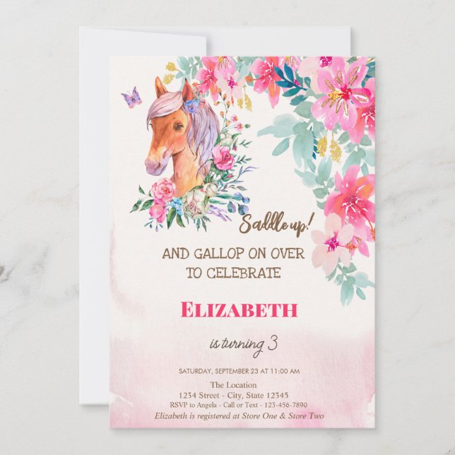 Watercolor Spring Flowers Pony Birthday Invitation (Front)