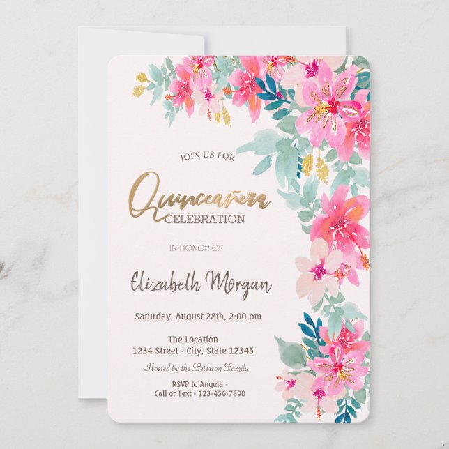 Watercolor Spring Flowers Quinceañera Invitation (Front)