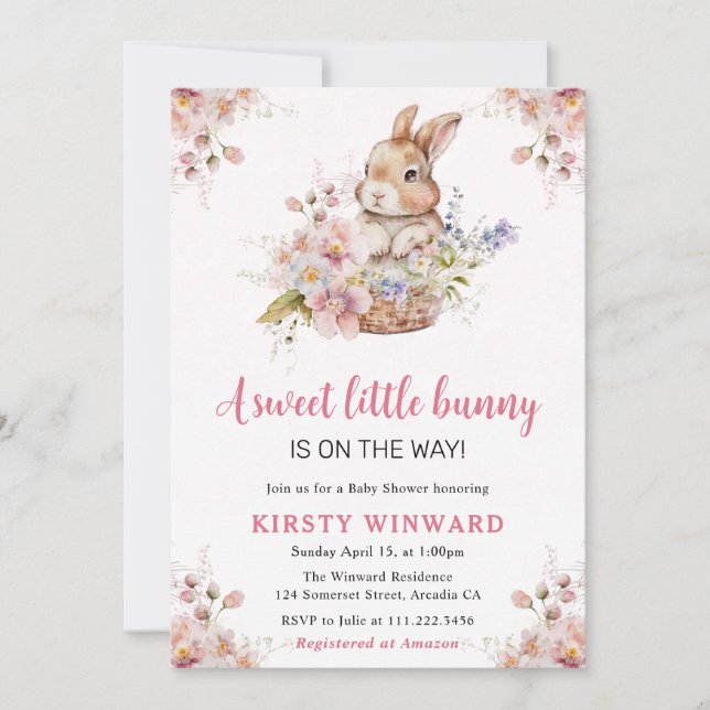 Watercolor Spring Flowers Rabbit Baby Shower Invitation (Front)