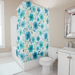 Watercolor Spring Flowers Soft Baby Blue Floral Shower Curtain