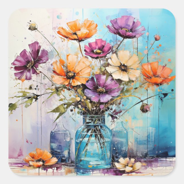 Watercolor Spring Flowers Square Sticker (Front)