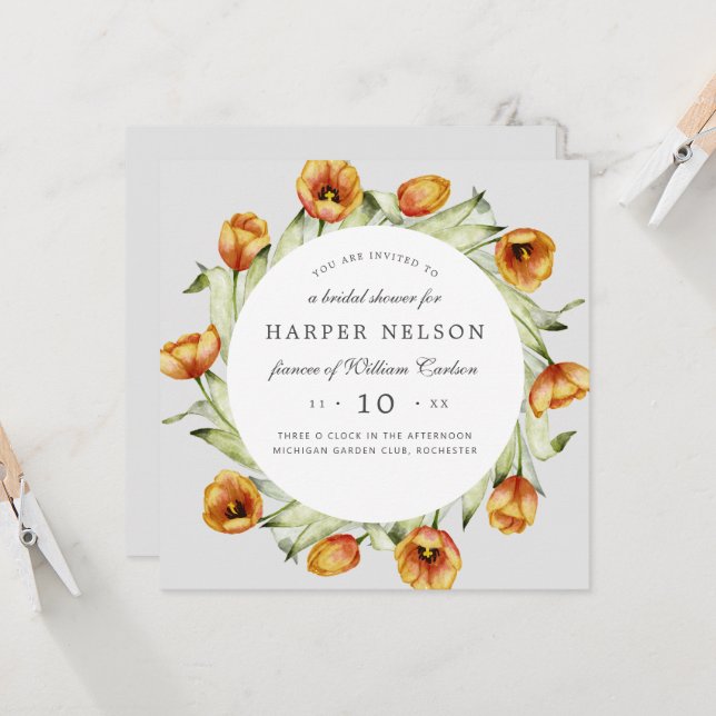 Watercolor spring flowers tulips bridal shower  in invitation (Front/Back In Situ)