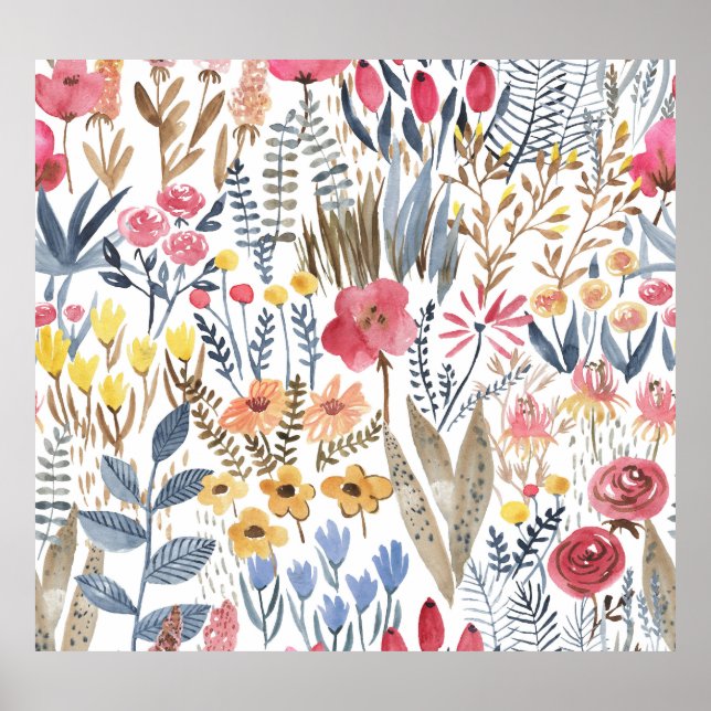 Watercolor spring flowers, vibrant seamless patter poster (Front)