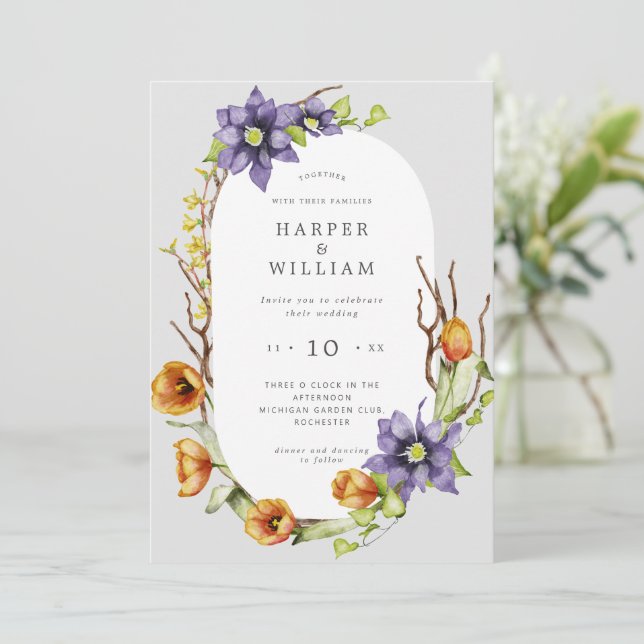 Watercolor spring flowers wedding invitation (Standing Front)