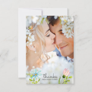 Watercolor Spring Flowers   Wedding Photo Thank You Card