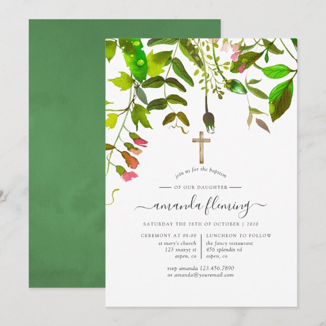 Watercolor Spring Foliage Baptism or Christening Invitation (Front/Back)