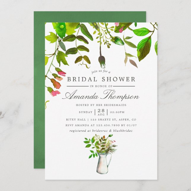 Watercolor Spring Foliage Bridal Shower Invitation (Front/Back)