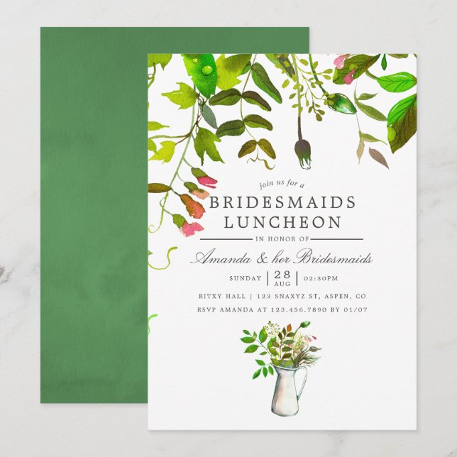 Watercolor Spring Foliage Bridesmaids Luncheon Invitation (Front/Back)