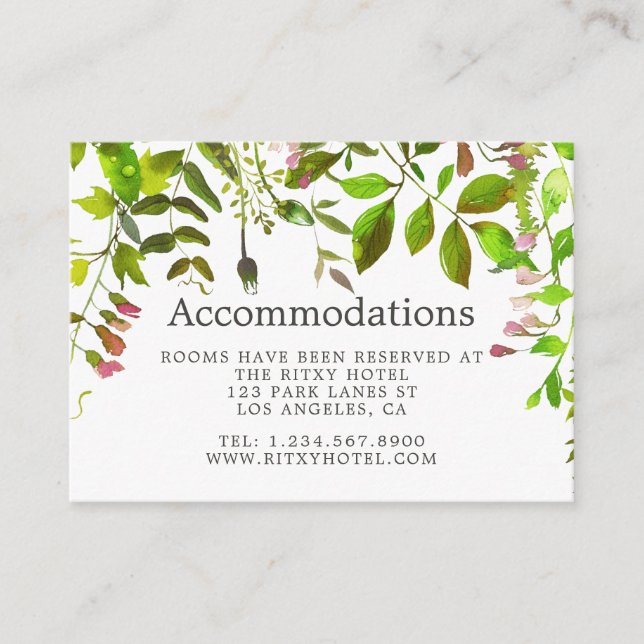 Watercolor Spring Foliage Wedding Accommodations Enclosure Card (Front)