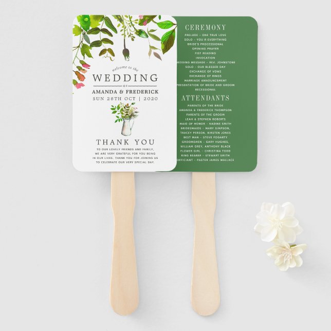 Watercolor Spring Foliage Wedding Program Hand Fan (Front and Back)
