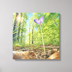 Watercolor Spring Forest and Crocus Flower Canvas Print