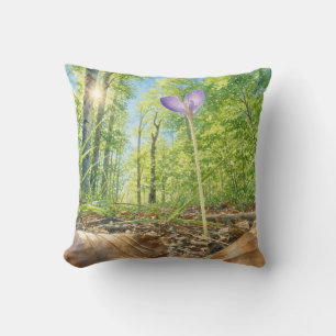 Watercolor Spring Forest & Crocus Flower Throw Pil Cushion