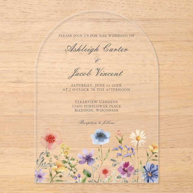Watercolor Spring Garden Wildflower Wedding Acrylic Invitations (Front)
