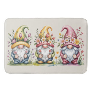 Watercolor Spring Gnome Trio with Floral Hats Bath Mat