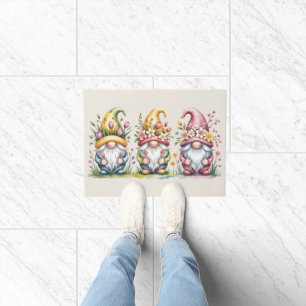 Watercolor Spring Gnome Trio with Floral Hats Doormat