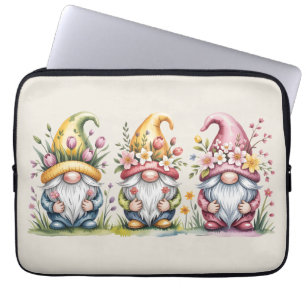 Watercolor Spring Gnome Trio with Floral Hats Laptop Sleeve