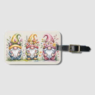 Watercolor Spring Gnome Trio with Floral Hats Luggage Tag