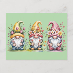 Watercolor Spring Gnome Trio with Floral Hats Postcard