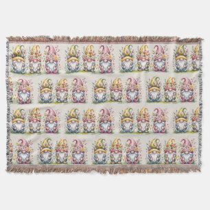 Watercolor Spring Gnome Trio with Floral Hats Throw Blanket