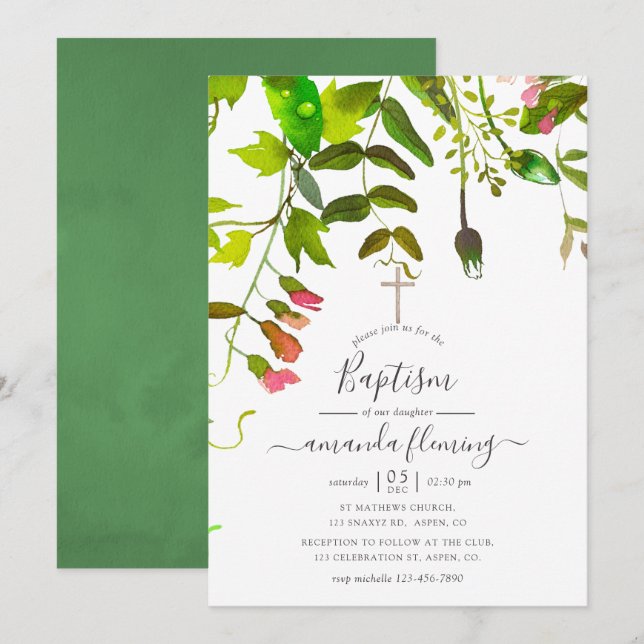 Watercolor Spring Greenery Baptism Invitation (Front/Back)
