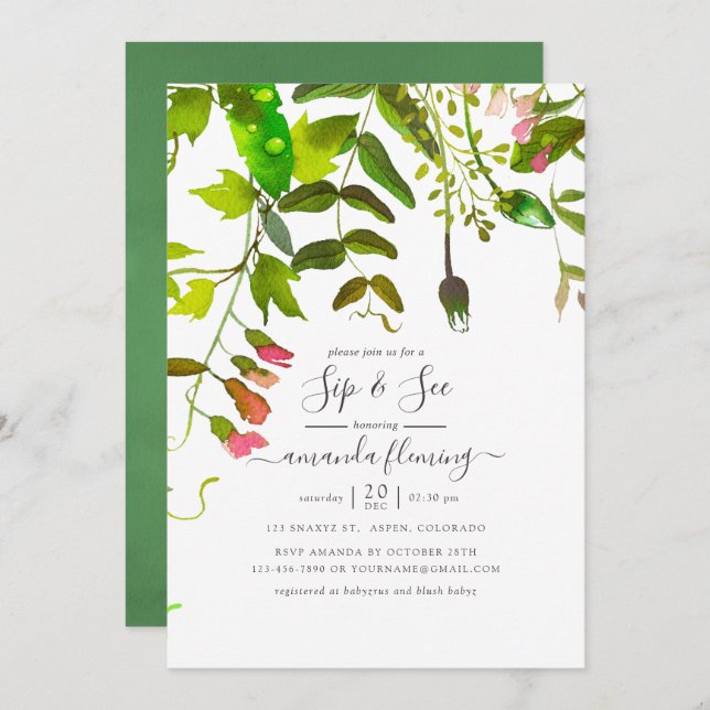 Watercolor Spring Greenery Sip and See Invitation (Front/Back)