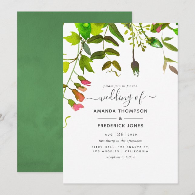 Watercolor Spring Greenery Wedding Invitation (Front/Back)