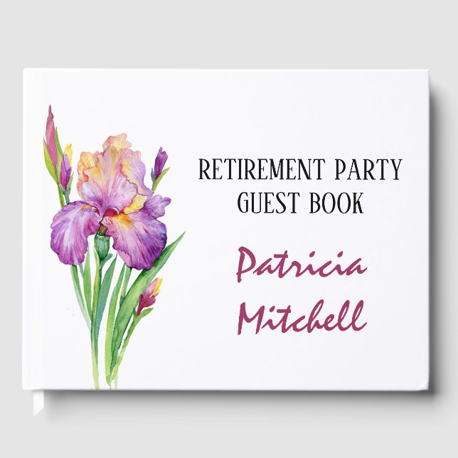 Watercolor Spring Iris Flowers Retirement Party Guest Book (Front)