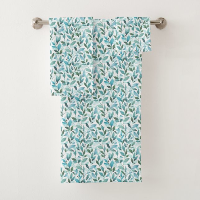 Watercolor Spring Leaf Pattern Bath Towel Set (Insitu)