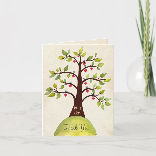 Watercolor Spring Monogram Tree Thank You Card (Front)