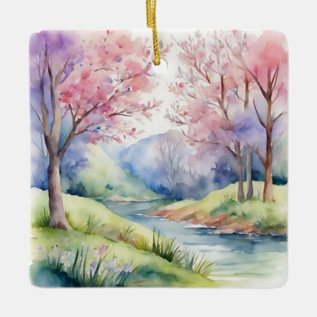 Watercolor Spring Nature Scene Ceramic Ornament (Front)