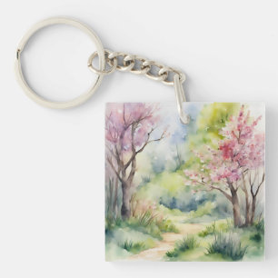 Watercolor Spring Nature Scene Key Ring