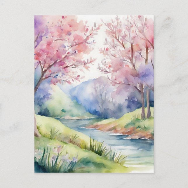 Watercolor Spring Nature Scene Postcard (Front)